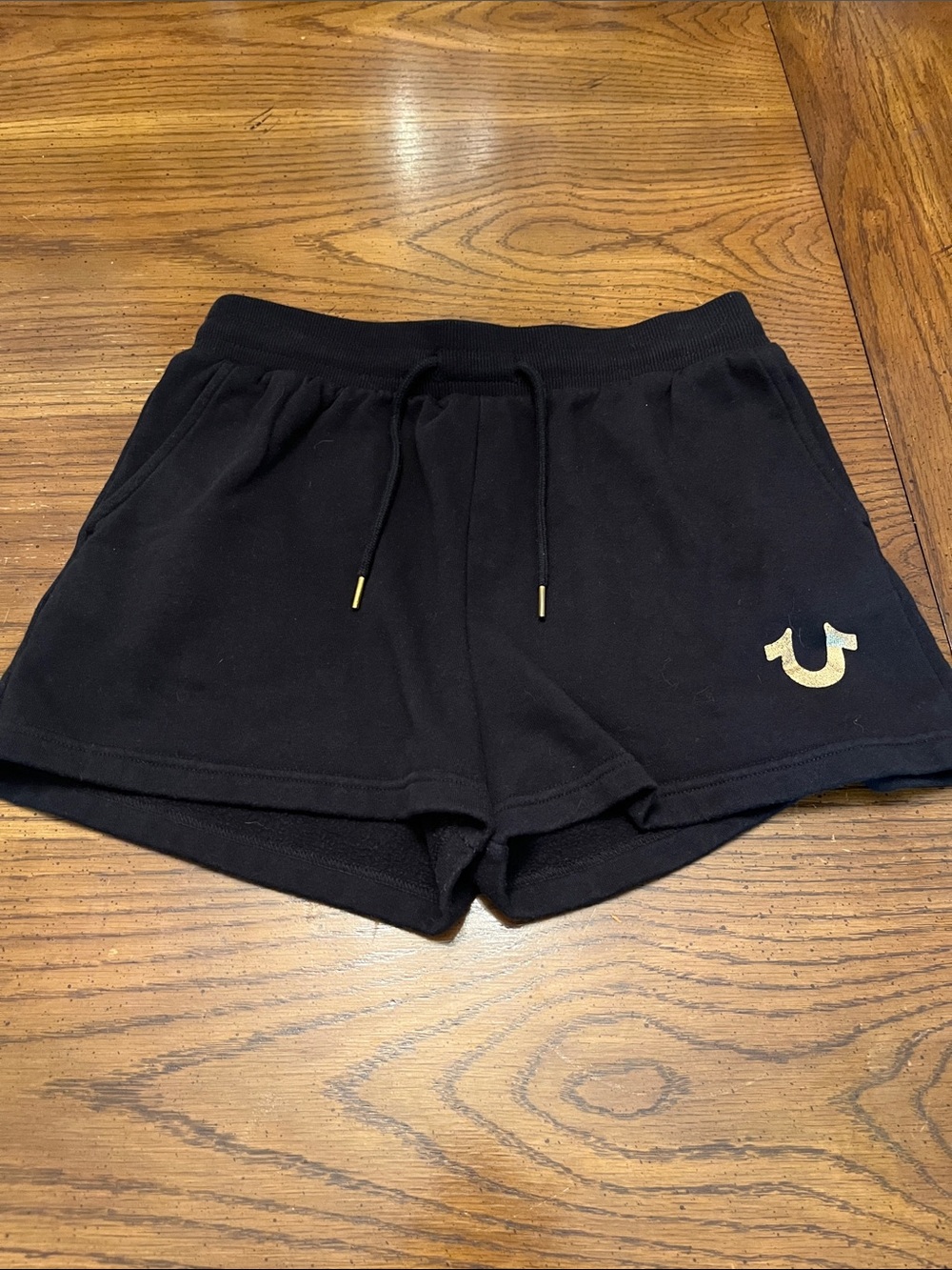 True Religion Black Athletic Drawstring Shorts with‎ Gold Logo, size medium